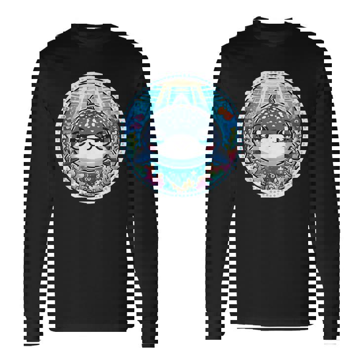 ジンベイザメ、ジンベエザメのアニメ、カワイイ・ジンベエザメ 長袖Tシャツ