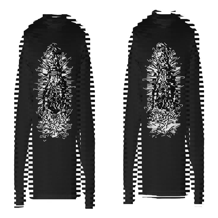 スケルトン メアリー チカーノ X バラ トラディショナル タトゥー フラッシュ 長袖Tシャツ