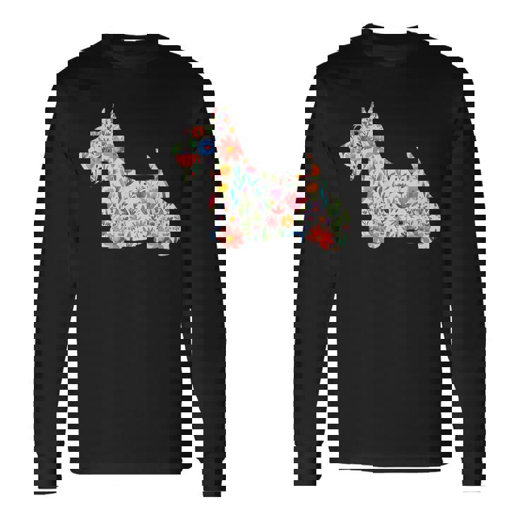 スコティッシュテリア水彩フラワーデザイン。 長袖Tシャツ