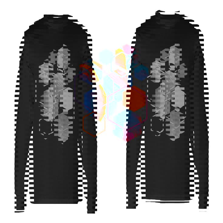 スタイリッシュ ティール オレンジ 六角形 モダン シェイプ マニア 長袖Tシャツ