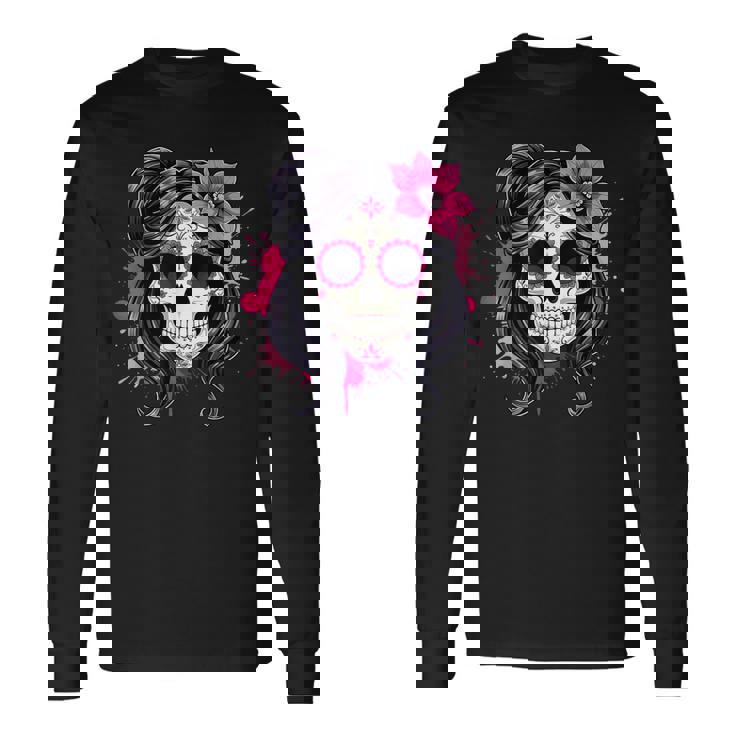 スタイリッシュなマゼンタ サクラ ムエルテ スカルデザイン Dia De Los Muertos 長袖Tシャツ