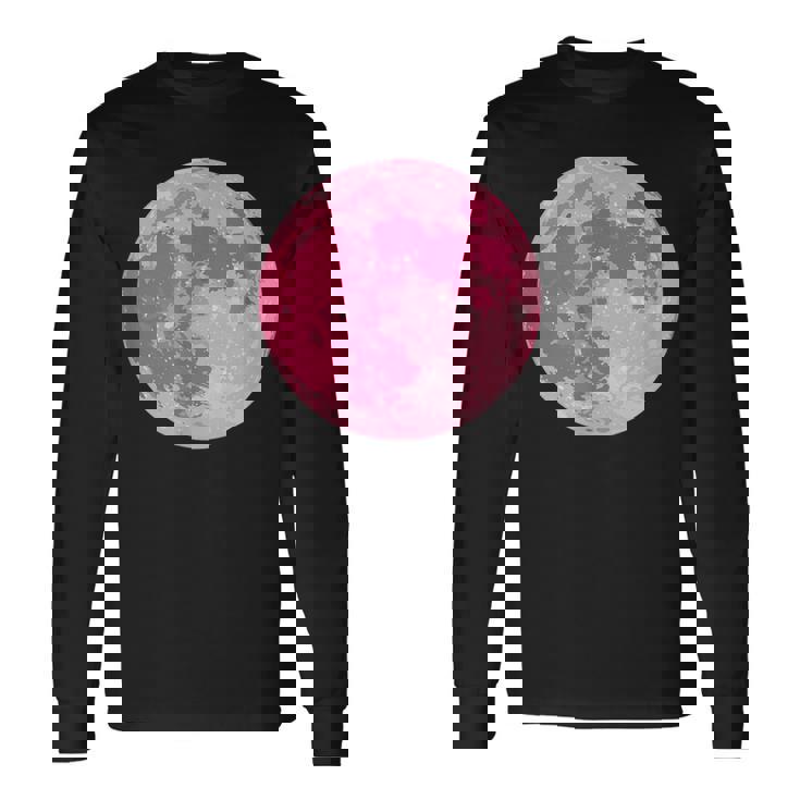 ストロベリームーンデザイン 満月 かわいいピンクムーン 長袖Tシャツ