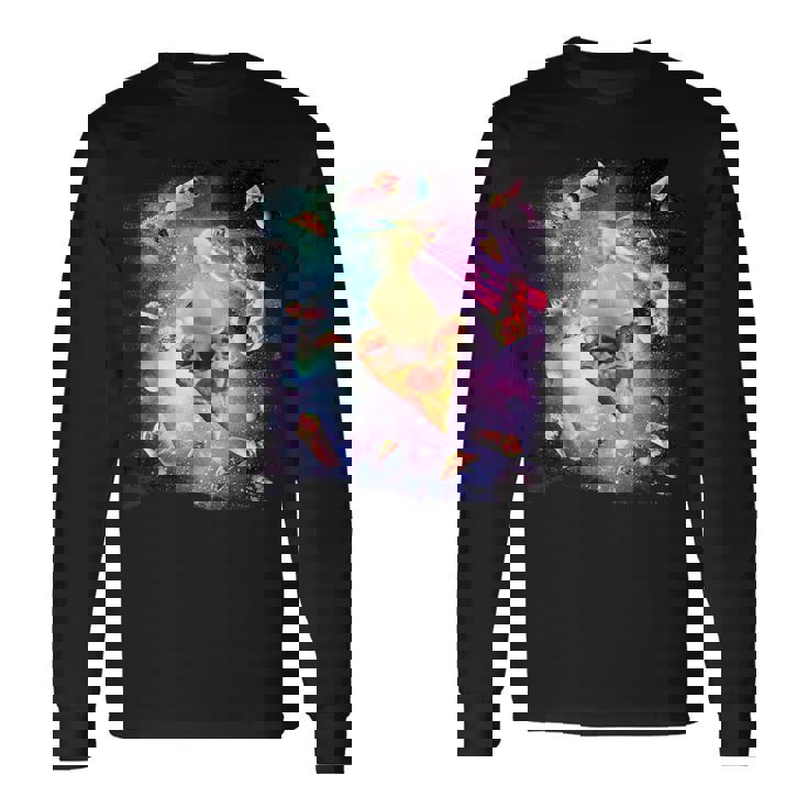 スペースレーザーアヒル食べるピザ、ギャラクシーダック。 長袖Tシャツ