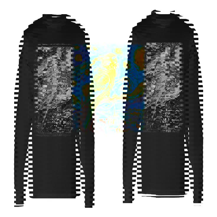 セキセイインコ オウム 鳥 星月夜 絵画 長袖Tシャツ ギフトのアイデア