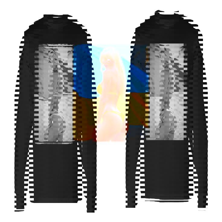セクシーガールグラフィックtシャツ 「モダンピンナップガール&ウクライナ国旗2」 長袖Tシャツ