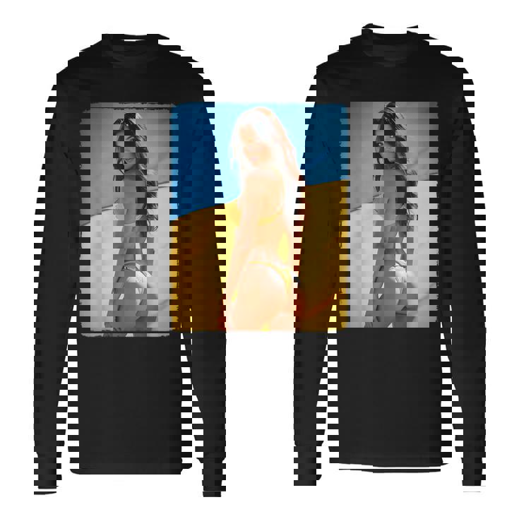 セクシーガールグラフィックtシャツ 「モダンピンナップガール&ウクライナ国旗」 長袖Tシャツ