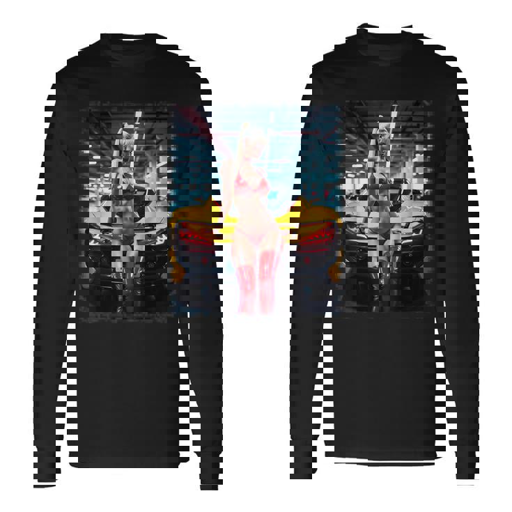 セクシーガールグラフィックtシャツ セクシーブロンドビキニモデル&車 長袖Tシャツ