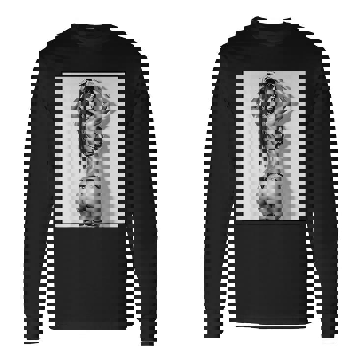 セクシーガールグラフィックtシャツ セクシーブルネットブーティーガール 3インチ B&W 長袖Tシャツ