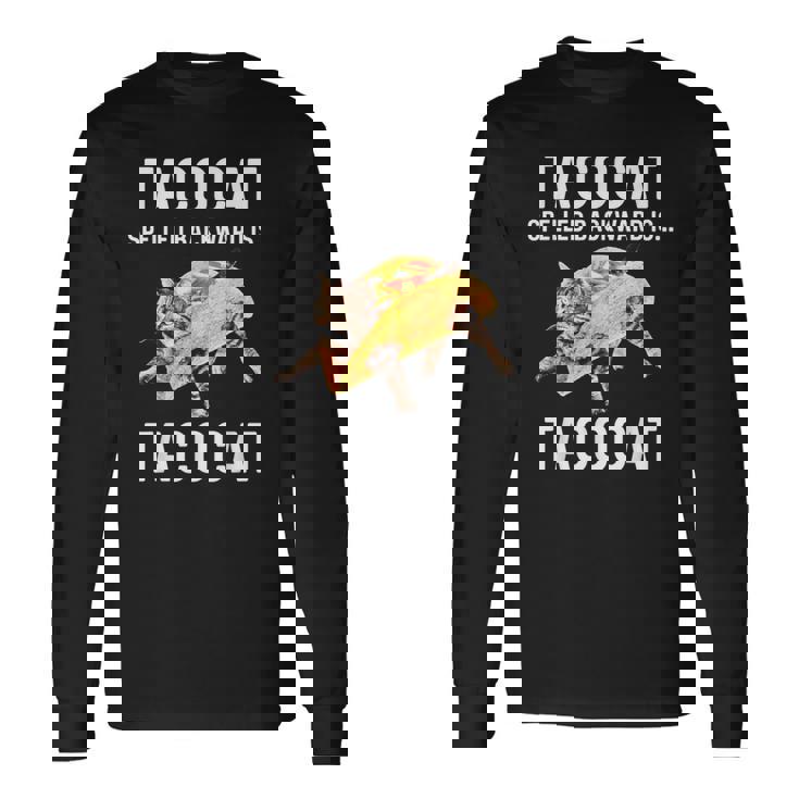 タコキャットは後ろ向きに綴られたタコキャット 愛猫とタコス 長袖Tシャツ