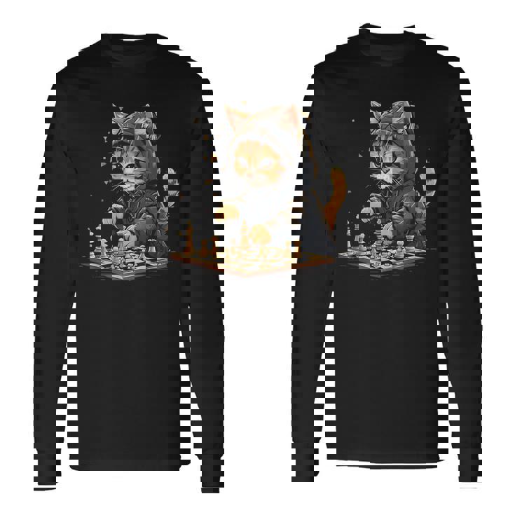 チェス メンズ レディース キッズ 猫 チェスプレイヤー 長袖Tシャツ