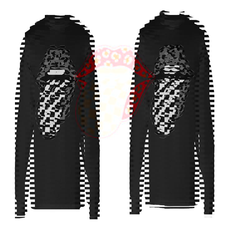 チェック 舌 赤 ヒョウ 唇 レース 長袖Tシャツ