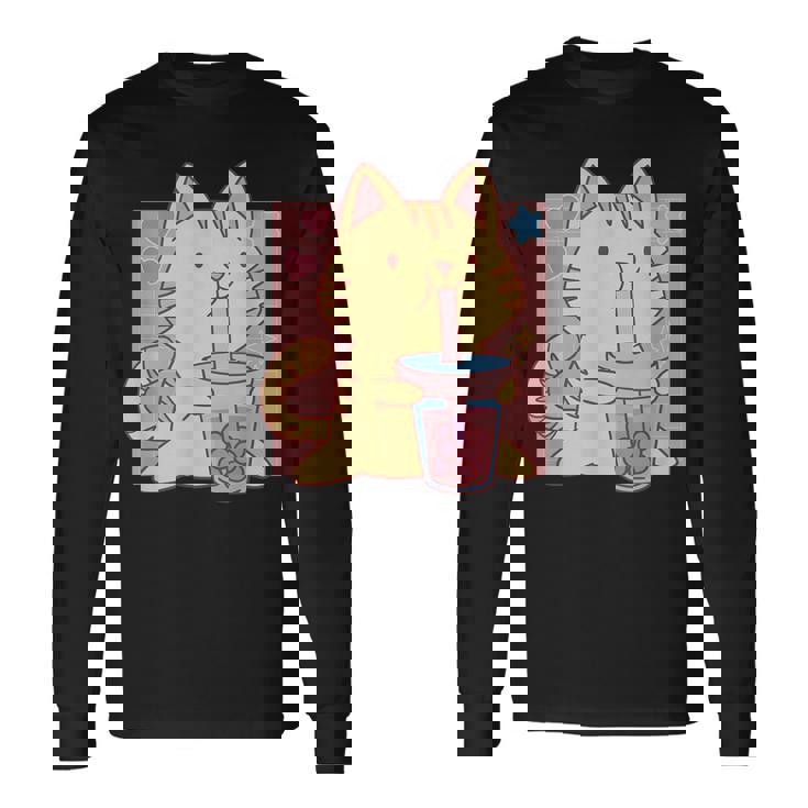 トラ猫とボバ茶のかわいいかわいい猫のグラフィック 長袖Tシャツ