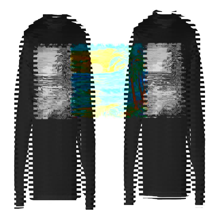 トロピカルビーチ 太陽 オーシャン ヤシの木 ゴッホスタイル アートデザイン 長袖Tシャツ