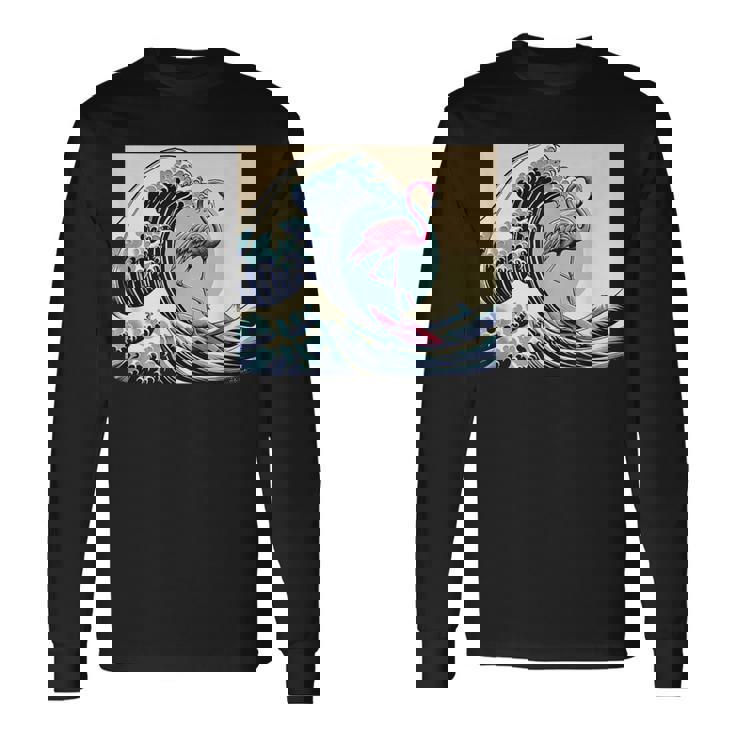 トロピカルピンク フラミンゴ グレートビッグウェーブサーファー オーシャンビーチ 長袖Tシャツ
