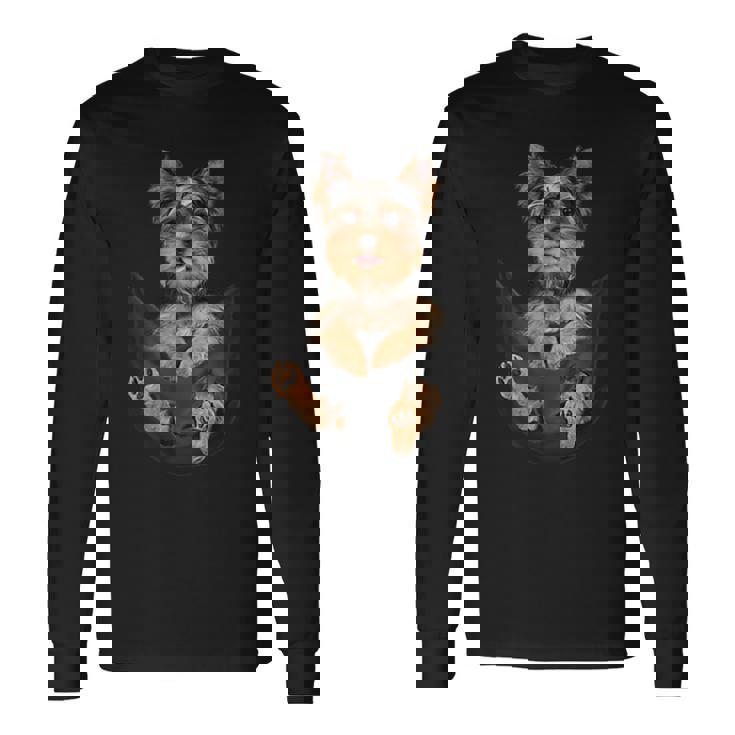 ドッグラバーズギフト ヨークシャーテリア ポケット入り 面白い犬の顔 長袖Tシャツ ギフトのアイデア