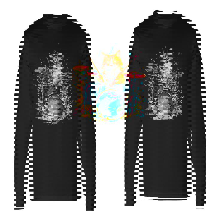 ドラマーの猫猫とドラム 長袖Tシャツ