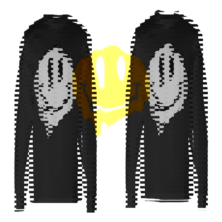 ドリッピースマイルイエロースマイルフェイスシャツ かわいい ハッピースマイルフェイス 長袖Tシャツ