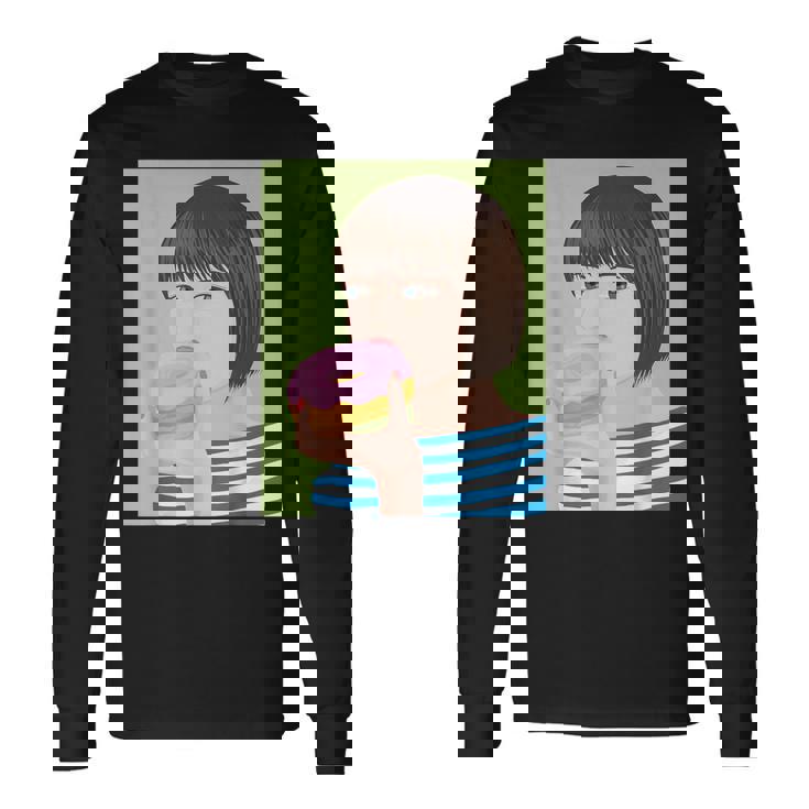 ドーナツショップ ポップアート ポートレート ロジックロックスター キュート ドーナツ ガールフレンド ドーナツ 長袖Tシャツ