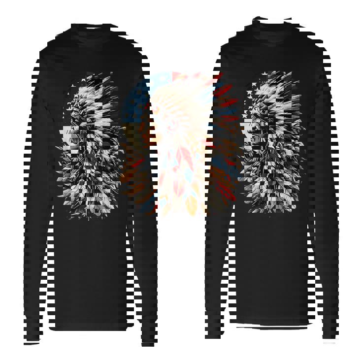 ネイティブアメリカン インディアン チーフ アメリカ国旗 先住民 長袖Tシャツ