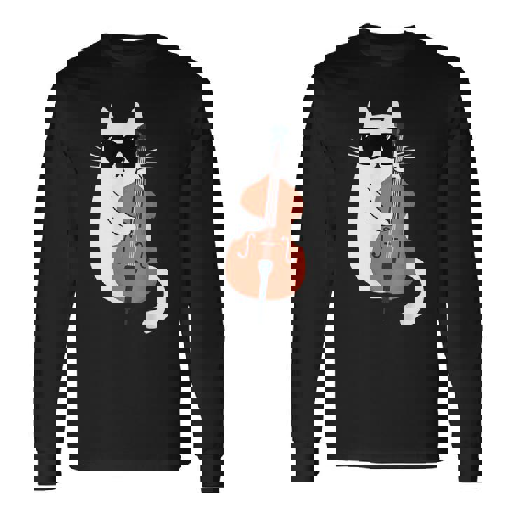 ネコとコントラバス 猫とサングラス ネコ好き 猫飼い コントラバス ウッドベース ダブルベース ジャズ音楽 ネコ 猫 長袖Tシャツ