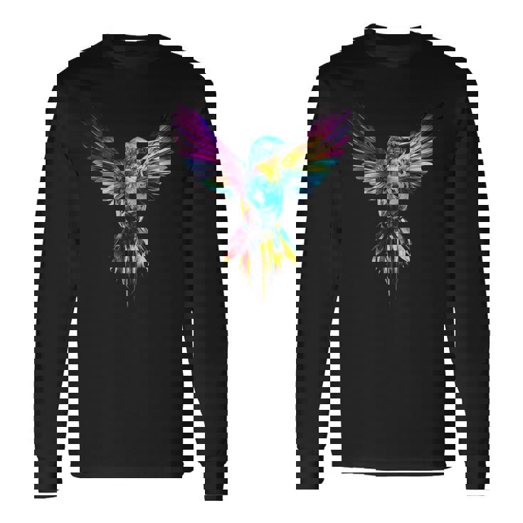 ハチドリ カラフル アート 動物 グラフィック 鳥 ハチドリ 長袖Tシャツ