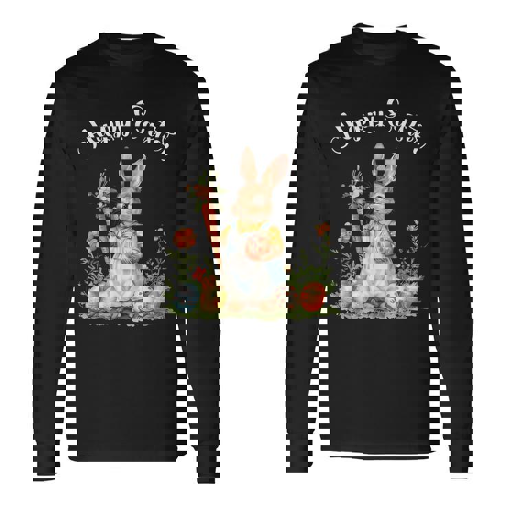 ハッピーイースターバニーニンジンイースターエッグ イースターラビットアートワーク 長袖Tシャツ