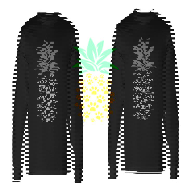 ハワイアンアイランド パイナップル 猫の肉球プリント 猫好きのギフト 長袖Tシャツ