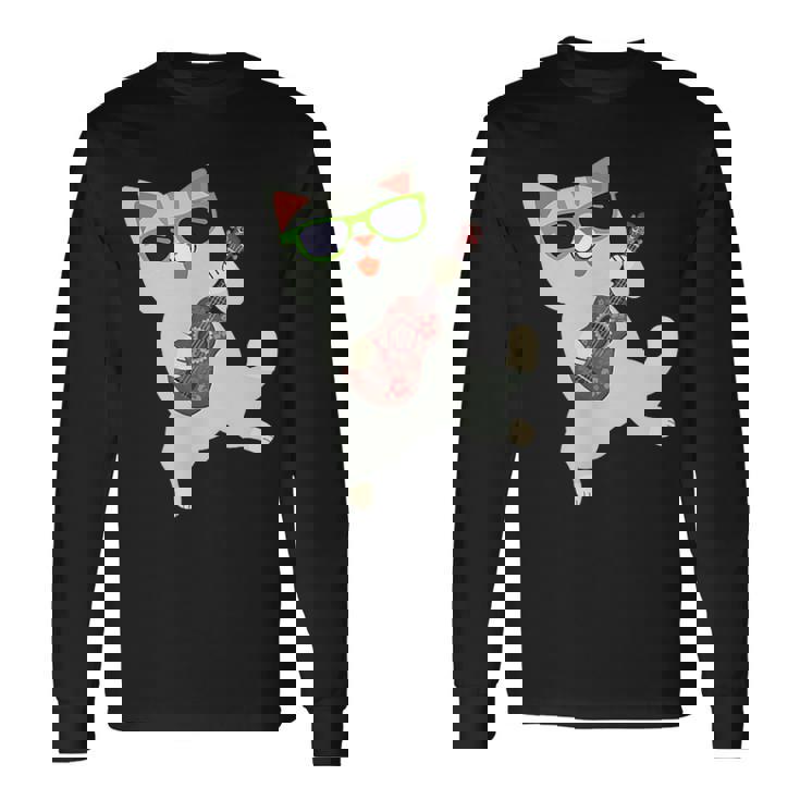 ハワイアンウケ猫遊びウクレレバッジポケット 長袖Tシャツ