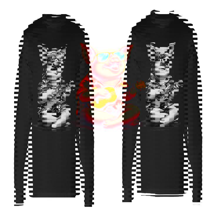 ハワイアンシャツを着たブタ、ウクレレ遊び。 長袖Tシャツ