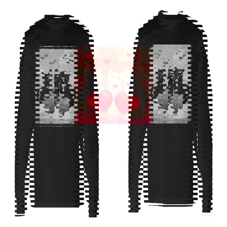 ハートのある黒猫 バレンタインデー アートペインティング 長袖Tシャツ