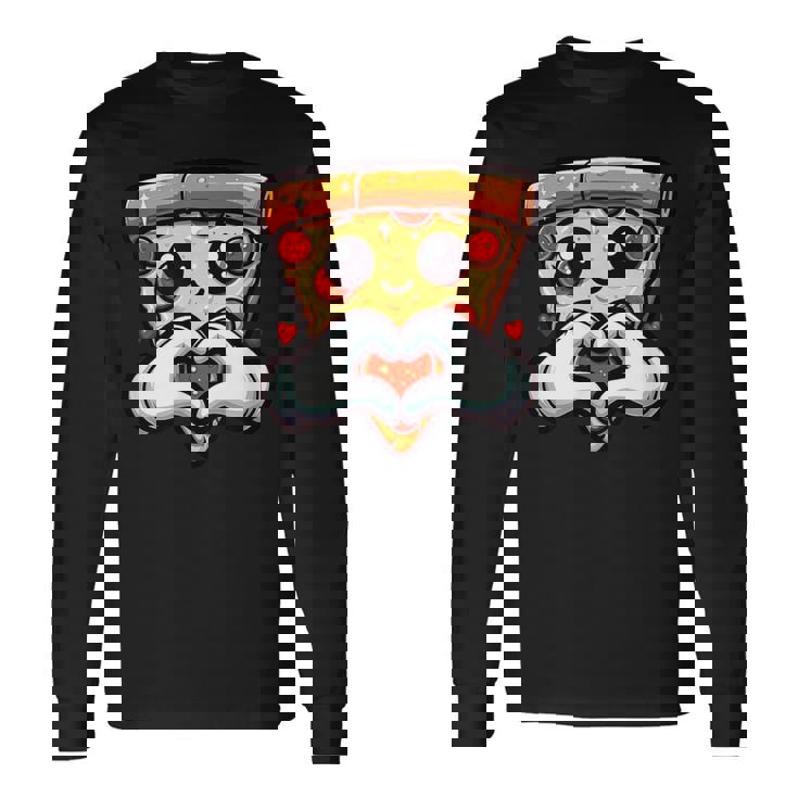 ハートの手でペパロニピザのスライス、かわいいピザ 長袖Tシャツ