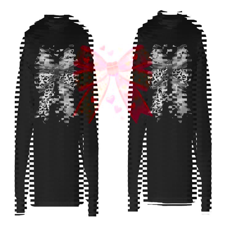 ハート付きピンクヒョウ柄リボン。 長袖Tシャツ