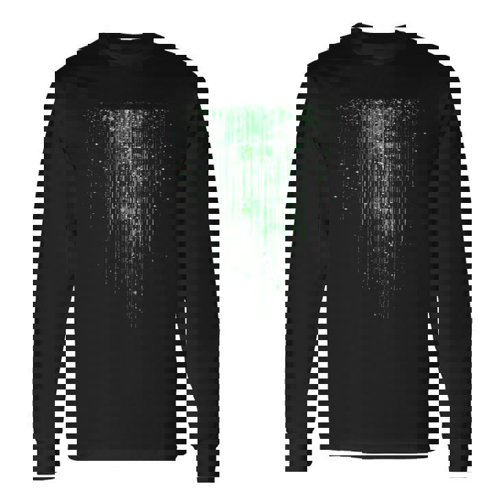 バイナリコードマトリックス グリーンデジタルサイバーパンク 長袖Tシャツ