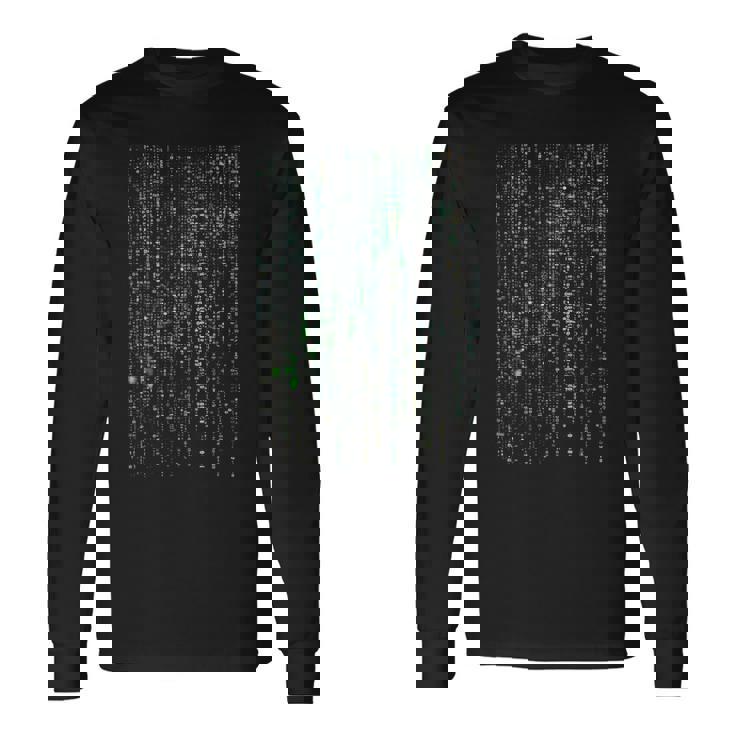 バイナリコードマトリックスグリッチ効果デジタルパターン 長袖Tシャツ
