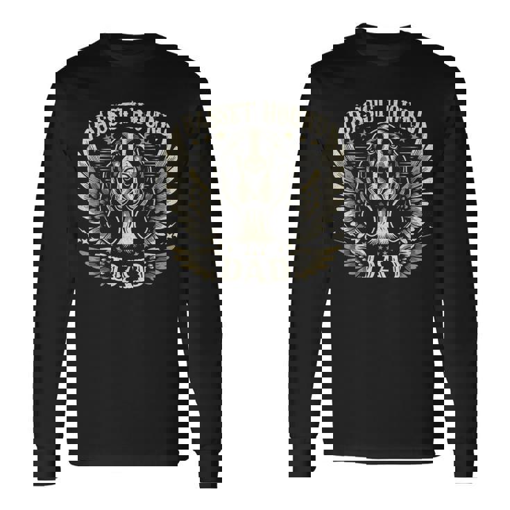 バセットハウンド ダッド バイカー 翼 オートバイ クール ハッシュパピー レトロ 長袖Tシャツ