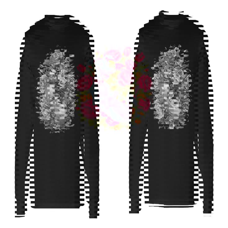 バラとチューリップを持つイタリアン・グレーハウンド犬 長袖Tシャツ