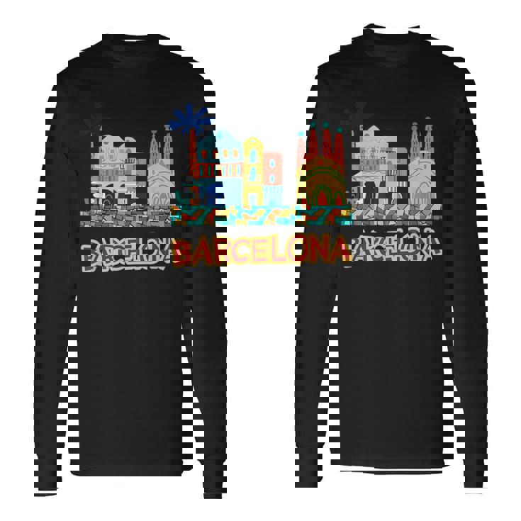 バルセロナの象徴的な建物とサグラダファミリア カラフル 長袖Tシャツ