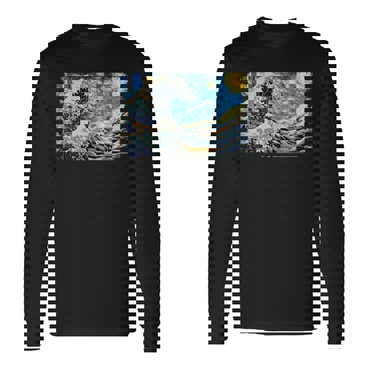 バンゴッホの星空と北斎の富嶽三十六景波絵の融合 長袖Tシャツ