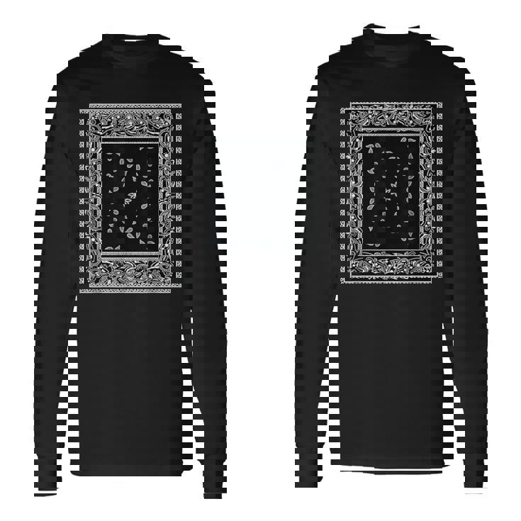 メンズ ブラック ホワイト バンダナ プリント ブラック ペイズリー柄 長袖Tシャツ