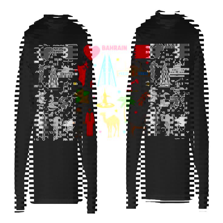 バーレーンの手描きシンボル、バーレーンの地図、文化的アイコン 長袖Tシャツ