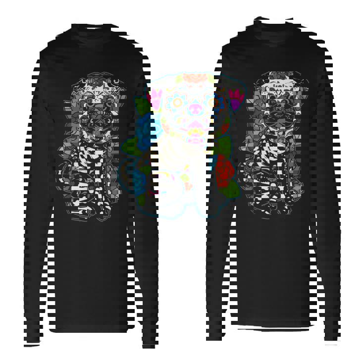 パグ シュガースカル メキシコ 犬 カラベラ 死者の日 長袖Tシャツ