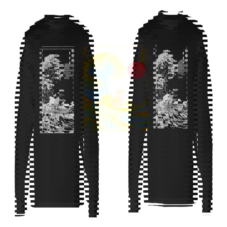 パグ 和 神奈川 波 おもしろ サーフ 犬 長袖Tシャツ