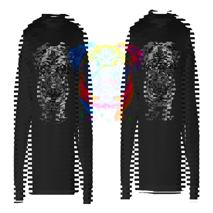 パグ犬 カラフルカラー ポップアート レインボー カーリン キュート パグ 長袖Tシャツ ギフトのアイデア