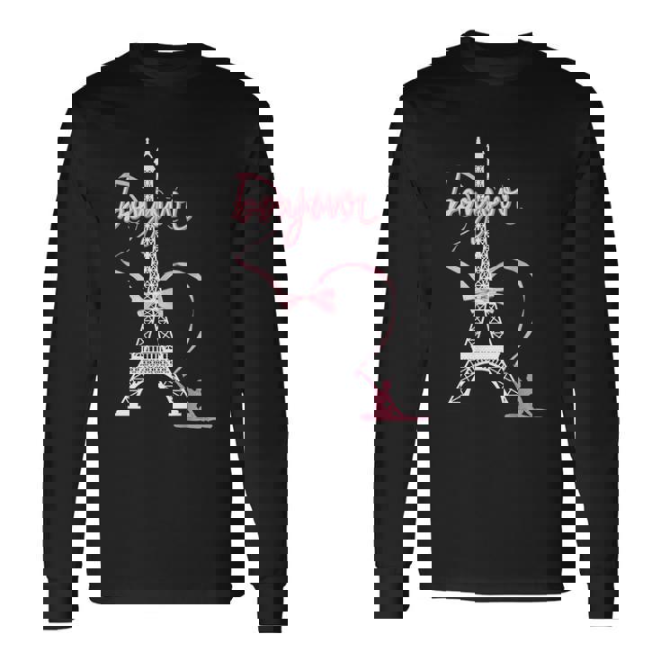 パリフランス エッフェル塔 ボンジュール 体操リボンとリボン 長袖Tシャツ ギフトのアイデア