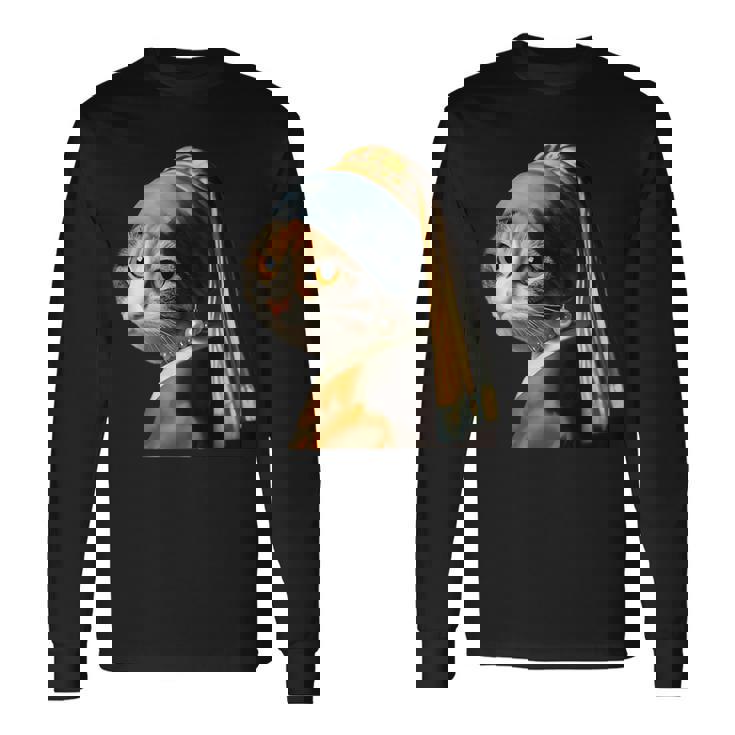 パールイヤリング付き猫 フェルメール 長袖Tシャツ