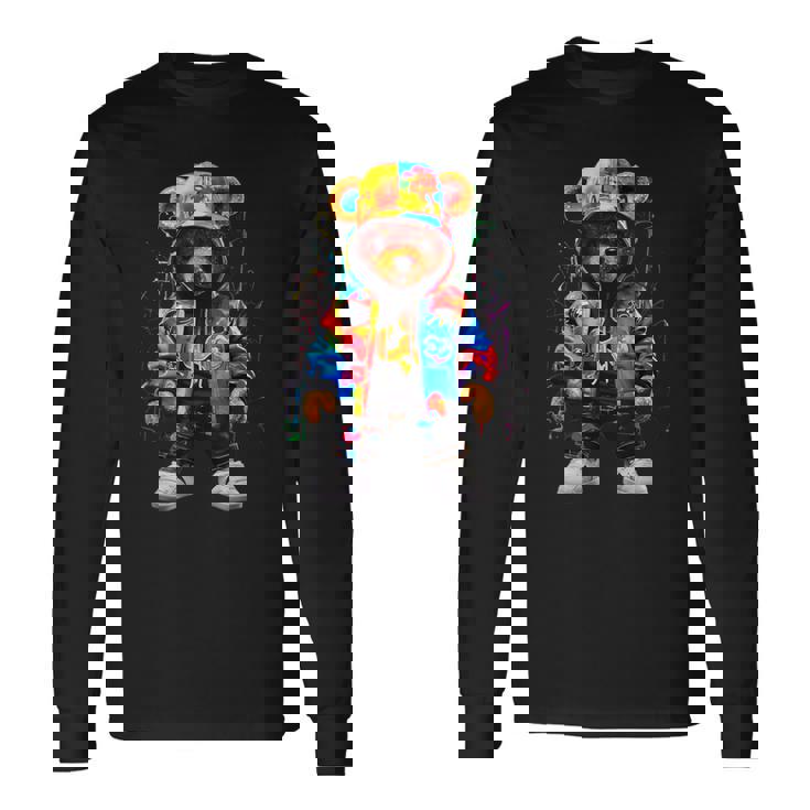 ヒップホップ テディベア カラフル テディベア グラフィック 長袖Tシャツ