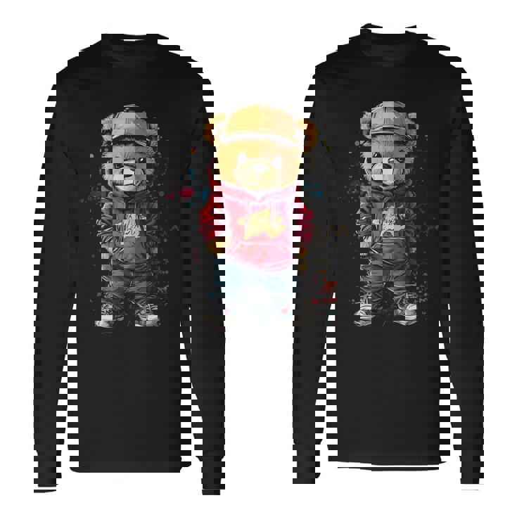ヒップホップのテディベア、クールなアーバンノベルティグラフィック。 長袖Tシャツ
