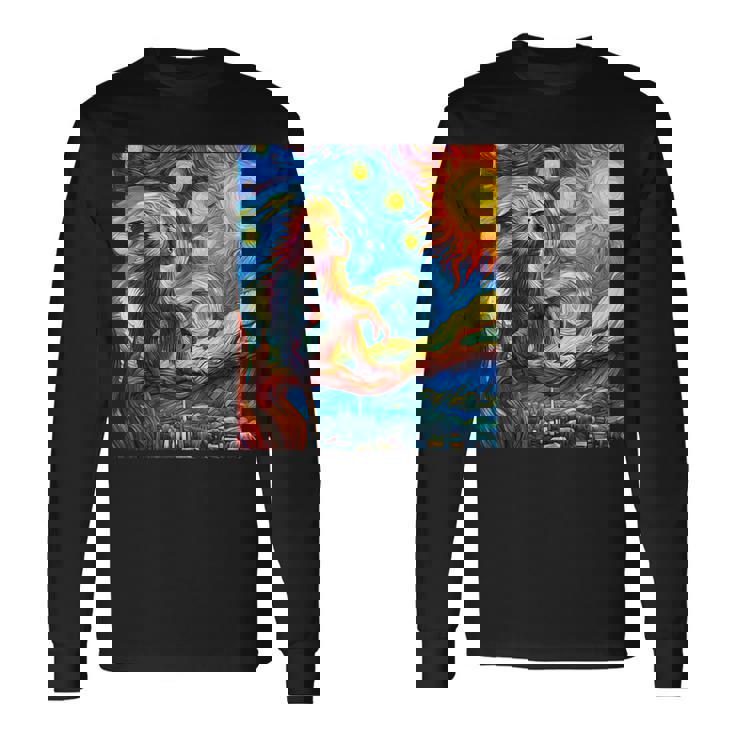 ヒヒ猿 星月夜 絵画 長袖Tシャツ