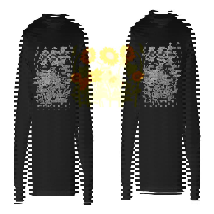 ヒマワリ 野花 ヴィンテージ ボタニカル 植物 ガーデニング 長袖Tシャツ
