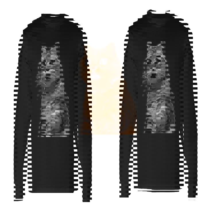 ビックリ猫 驚く猫 猫ミーム びっくり おどろく かわいい 面白い 人気 猫 イラスト 長袖Tシャツ